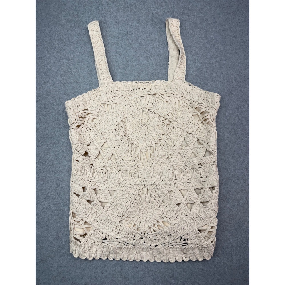 Cliche Crochet Knit Top Cream Floral Smocked Back Tank M